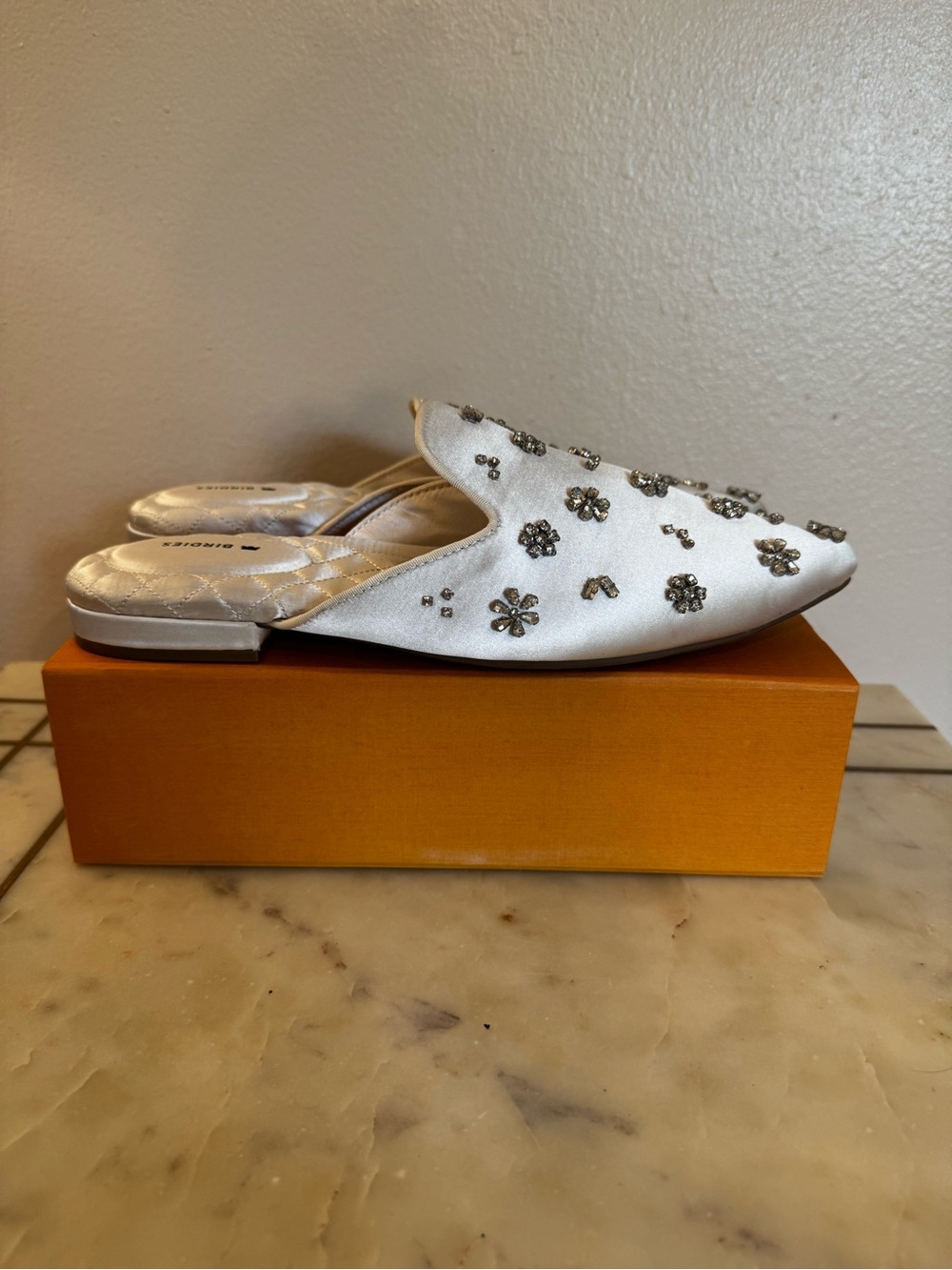 Birdies Women's White Jeweled Satin Mules - Picture 5 of 13